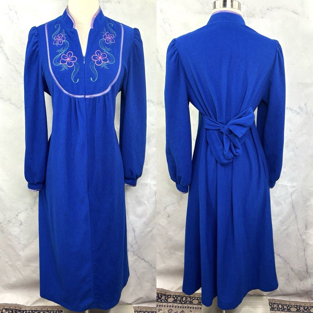 Vintage 70s House Coat Robe Dress S Blue Mod Zip Retro Groovy embroidery gown